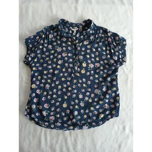 Women's Size Large, Lucky Brand Short Sleeve Button Up Navy Floral Blouse
